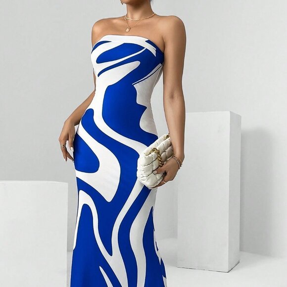 Blue Preppy Womens Graphic Two Tone Bodycon Tube Dress - Picture 1 of 5